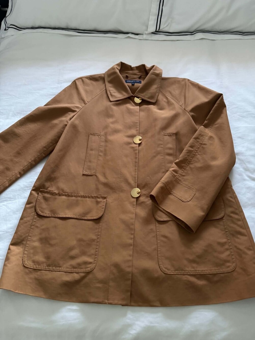 Jones New York Camel Brown Trench Coat with Gold Buttons Sz S